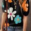 Best Dear-Lover Flower Print Bubble Sleeve Tee Black