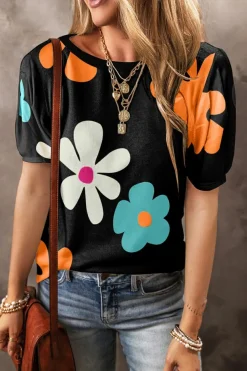 Best Dear-Lover Flower Print Bubble Sleeve Tee Black