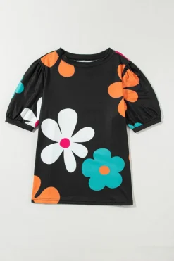 Best Dear-Lover Flower Print Bubble Sleeve Tee Black