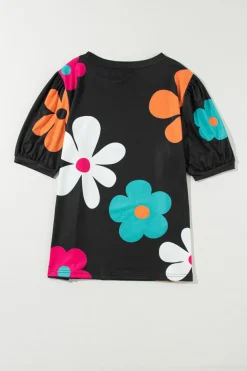 Best Dear-Lover Flower Print Bubble Sleeve Tee Black
