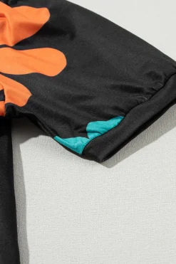 Best Dear-Lover Flower Print Bubble Sleeve Tee Black