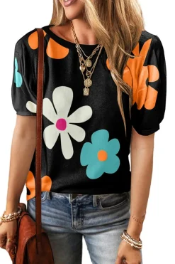 Best Dear-Lover Flower Print Bubble Sleeve Tee Black