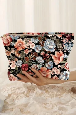 Online Dear-Lover Flower Print Zipper Ribbed Corduroy Large Makeup Bag Black