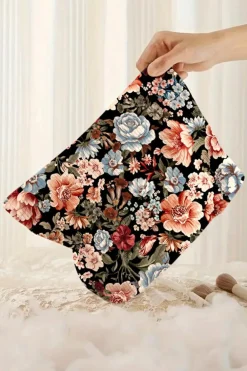 Online Dear-Lover Flower Print Zipper Ribbed Corduroy Large Makeup Bag Black