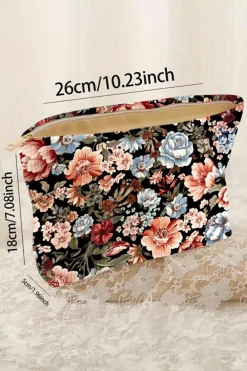 Online Dear-Lover Flower Print Zipper Ribbed Corduroy Large Makeup Bag Black