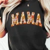 New Dear-Lover Flower Printed MAMA Letter Graphic T-shirt Black