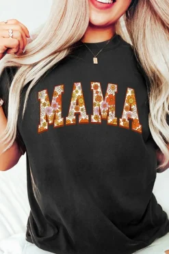 New Dear-Lover Flower Printed MAMA Letter Graphic T-shirt Black