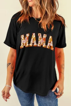 New Dear-Lover Flower Printed MAMA Letter Graphic T-shirt Black