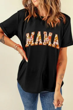 New Dear-Lover Flower Printed MAMA Letter Graphic T-shirt Black