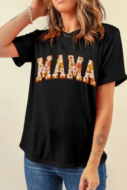 New Dear-Lover Flower Printed MAMA Letter Graphic T-shirt Black