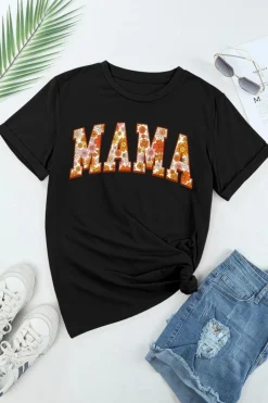 New Dear-Lover Flower Printed MAMA Letter Graphic T-shirt Black