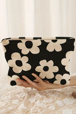 Online Dear-Lover Flower Printed Rib Textured Cosmetic Bag Black