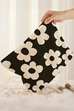 Online Dear-Lover Flower Printed Rib Textured Cosmetic Bag Black