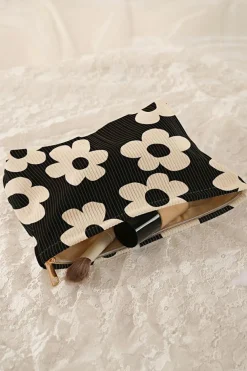 Online Dear-Lover Flower Printed Rib Textured Cosmetic Bag Black
