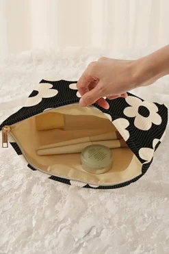 Online Dear-Lover Flower Printed Rib Textured Cosmetic Bag Black