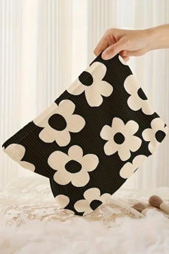 Online Dear-Lover Flower Printed Rib Textured Cosmetic Bag Black