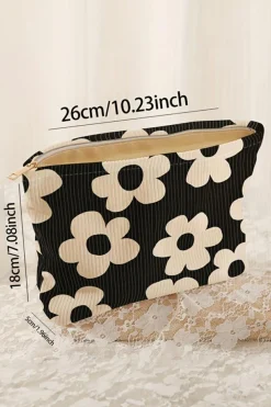 Online Dear-Lover Flower Printed Rib Textured Cosmetic Bag Black