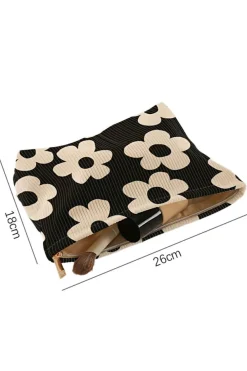 Online Dear-Lover Flower Printed Rib Textured Cosmetic Bag Black