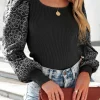 Online Dear-Lover Flower Puff Sleeve Ribbed Knit Top Black
