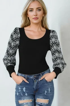 Online Dear-Lover Flower Puff Sleeve Ribbed Knit Top Black