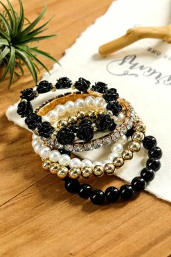 Online Dear-Lover Flower Rhinestone Beaded Multi Layer Bracelet Set Black