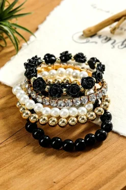 Online Dear-Lover Flower Rhinestone Beaded Multi Layer Bracelet Set Black