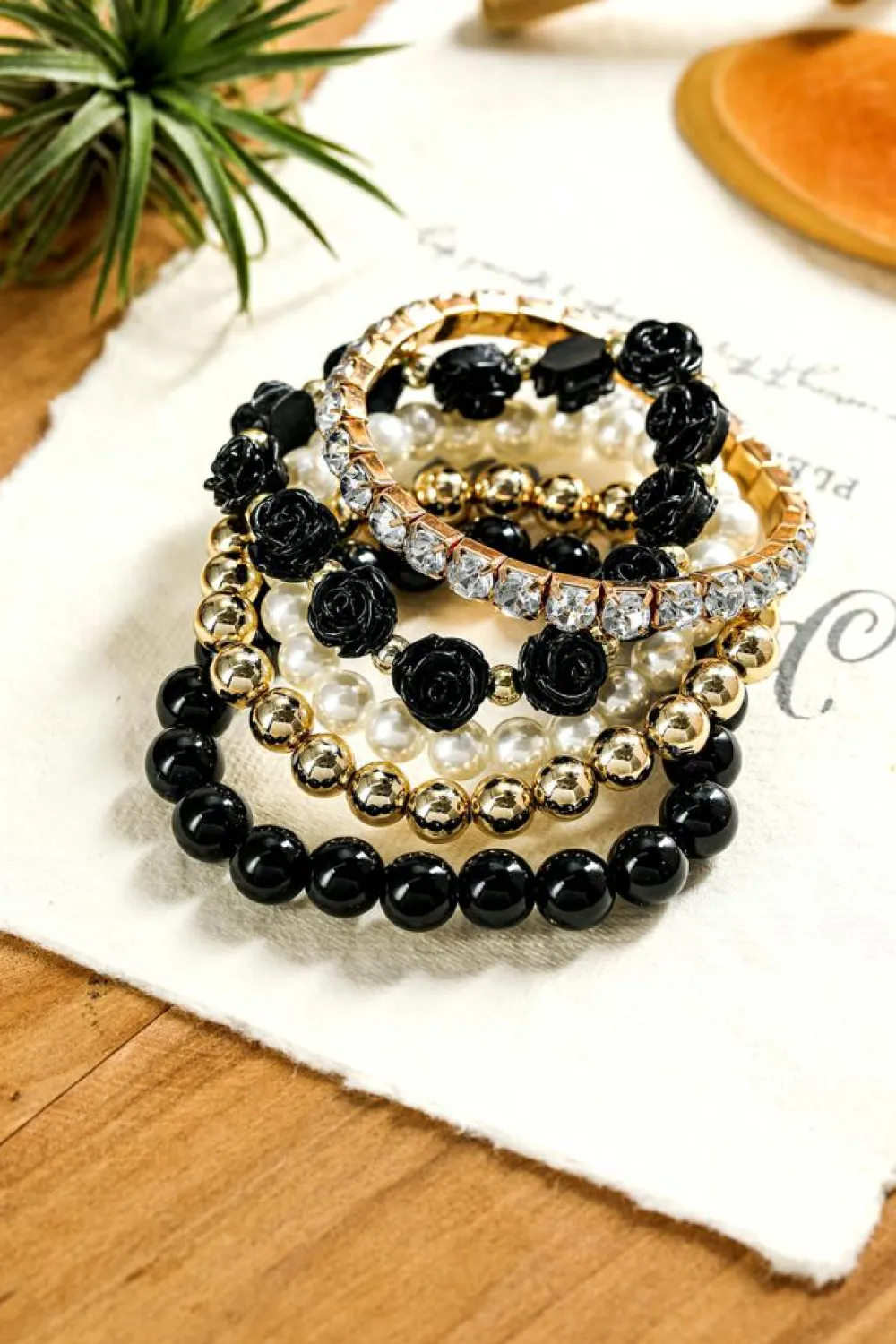Online Dear-Lover Flower Rhinestone Beaded Multi Layer Bracelet Set Black
