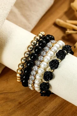 Online Dear-Lover Flower Rhinestone Beaded Multi Layer Bracelet Set Black
