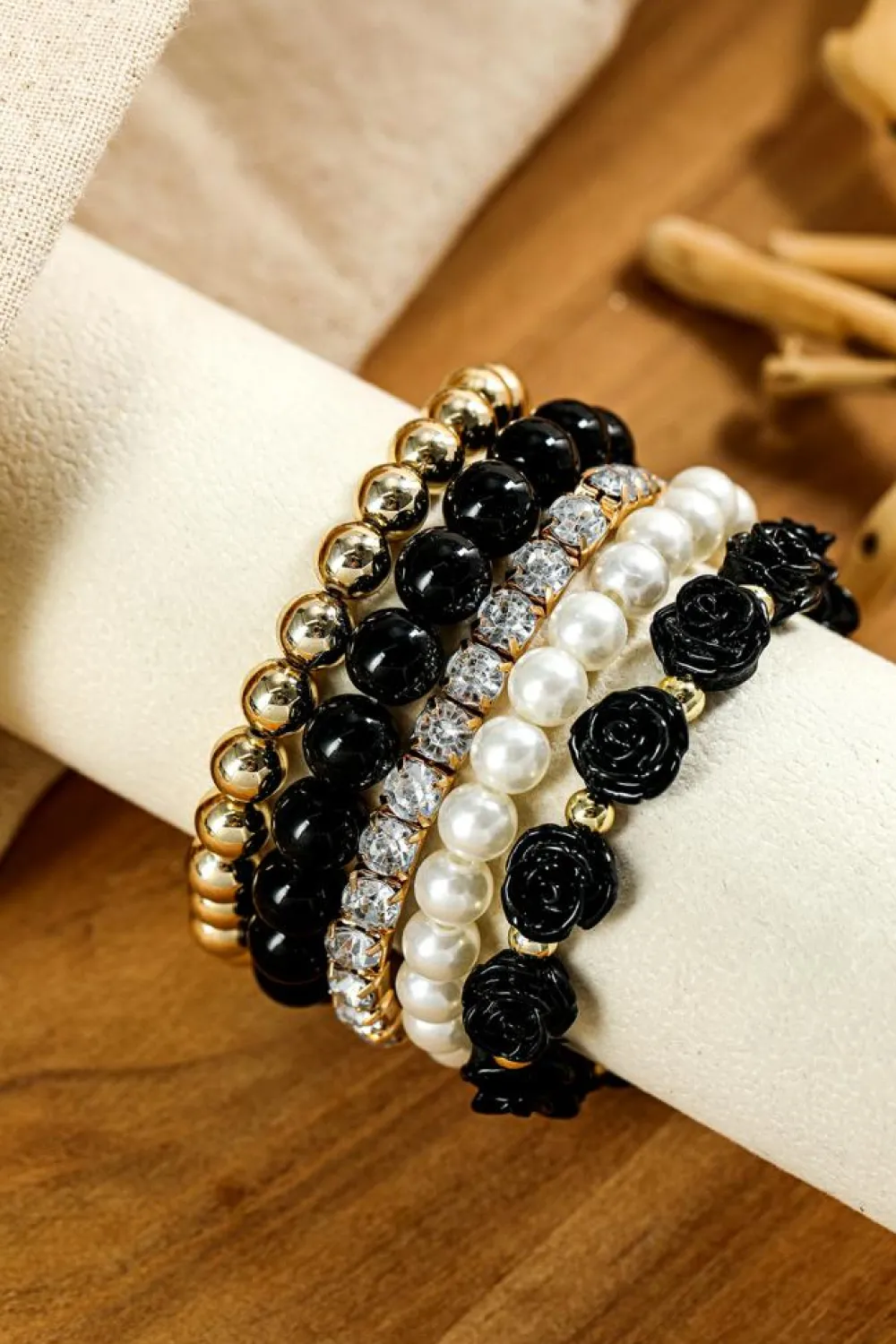 Online Dear-Lover Flower Rhinestone Beaded Multi Layer Bracelet Set Black