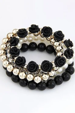 Online Dear-Lover Flower Rhinestone Beaded Multi Layer Bracelet Set Black