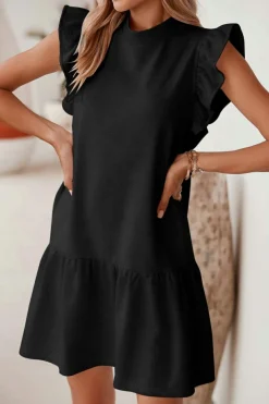 Outlet Dear-Lover Flutter Sleeve Crew Neck Shift Dress Black