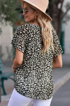 Clearance Dear-Lover Flutter Sleeve V Neck Floral Summer Blouse Black