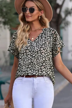 Clearance Dear-Lover Flutter Sleeve V Neck Floral Summer Blouse Black