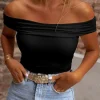 Sale Dear-Lover Folded Off Shoulder Slim Top Black