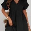 Sale Dear-Lover Folded Short Sleeve Lace V Neck Mini Dress Black