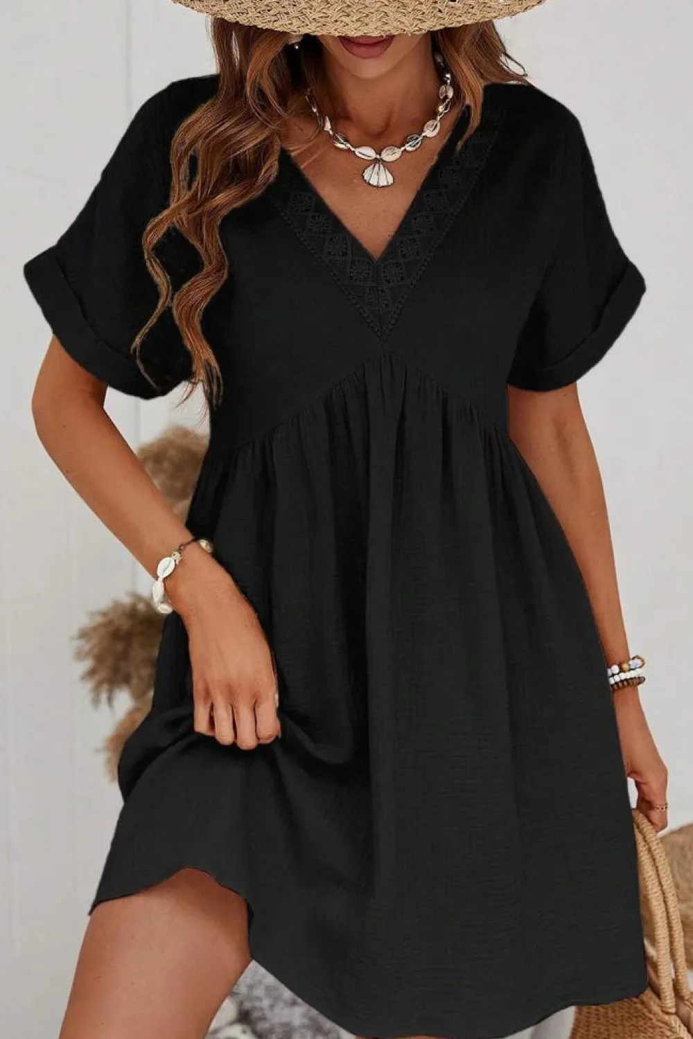 Sale Dear-Lover Folded Short Sleeve Lace V Neck Mini Dress Black