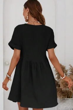 Sale Dear-Lover Folded Short Sleeve Lace V Neck Mini Dress Black