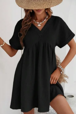 Sale Dear-Lover Folded Short Sleeve Lace V Neck Mini Dress Black