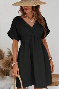 Sale Dear-Lover Folded Short Sleeve Lace V Neck Mini Dress Black