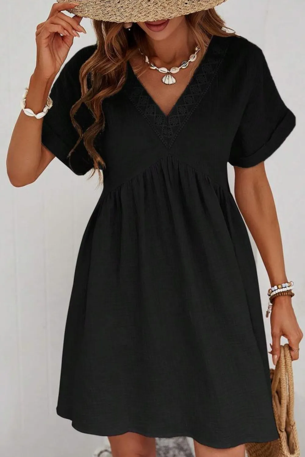 Sale Dear-Lover Folded Short Sleeve Lace V Neck Mini Dress Black