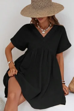 Sale Dear-Lover Folded Short Sleeve Lace V Neck Mini Dress Black
