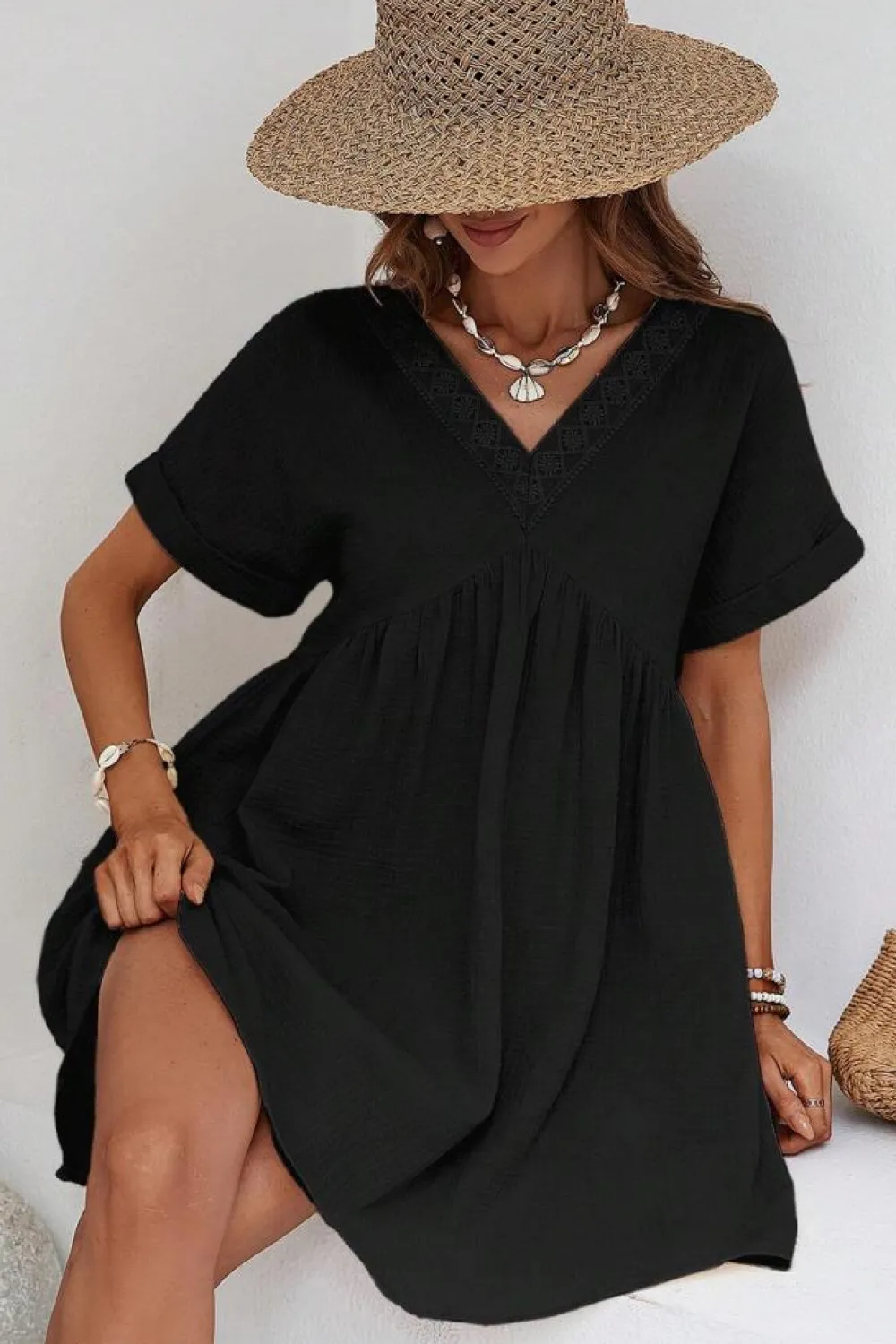 Sale Dear-Lover Folded Short Sleeve Lace V Neck Mini Dress Black