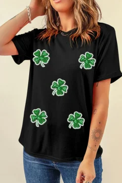 New Dear-Lover Four Leaf Clover Graphic St. Patricks Crewneck Tee Black