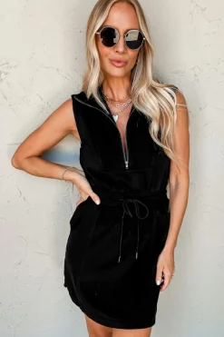 Online Dear-Lover French Terry Zipped Collar Sleeveless Drawstring Waist Mini Dress Black