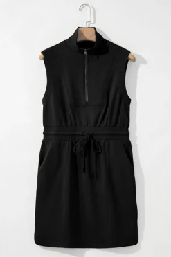 Online Dear-Lover French Terry Zipped Collar Sleeveless Drawstring Waist Mini Dress Black