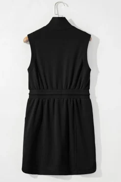 Online Dear-Lover French Terry Zipped Collar Sleeveless Drawstring Waist Mini Dress Black