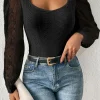 Online Dear-Lover Frenchy Contrast Lace Bishop Sleeve Bodysuit Black