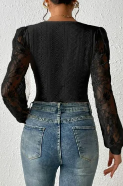Online Dear-Lover Frenchy Contrast Lace Bishop Sleeve Bodysuit Black