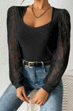 Online Dear-Lover Frenchy Contrast Lace Bishop Sleeve Bodysuit Black