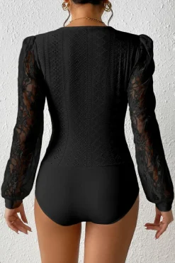 Online Dear-Lover Frenchy Contrast Lace Bishop Sleeve Bodysuit Black